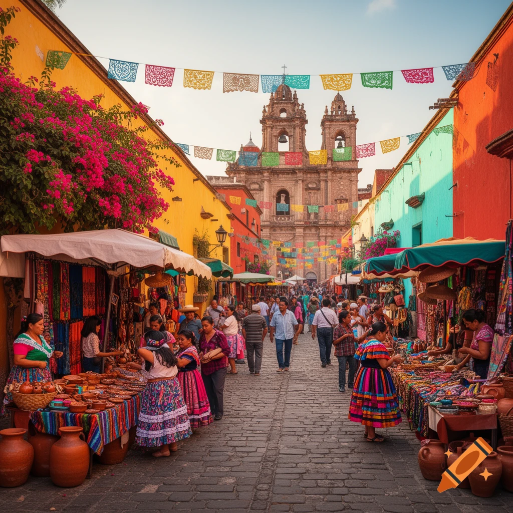 A vibrant street market on a cobblestone road, with colorful buildings, papel picado banners, a large church, and many people browsing stalls.