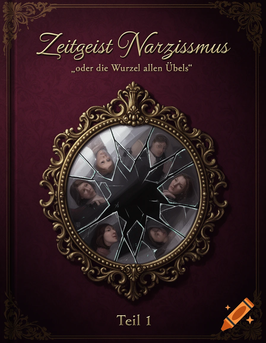 A dark burgundy book cover with gold ornate trim, featuring a shattered mirror reflecting multiple faces, and German text.