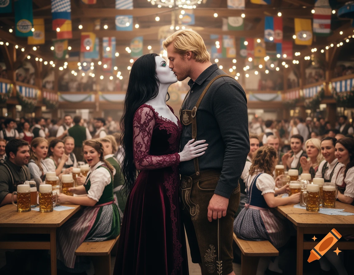 Photorealistic image of a vampire woman and a man kissing in a crowded, festive Oktoberfest hall.