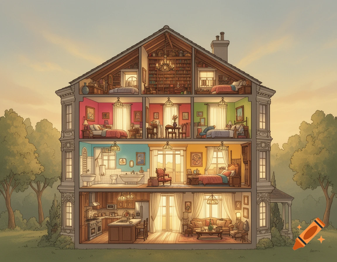 Detailed cross-section illustration of a multi-story house revealing furnished rooms: kitchen, living room, bedrooms, bathroom, and attic library.