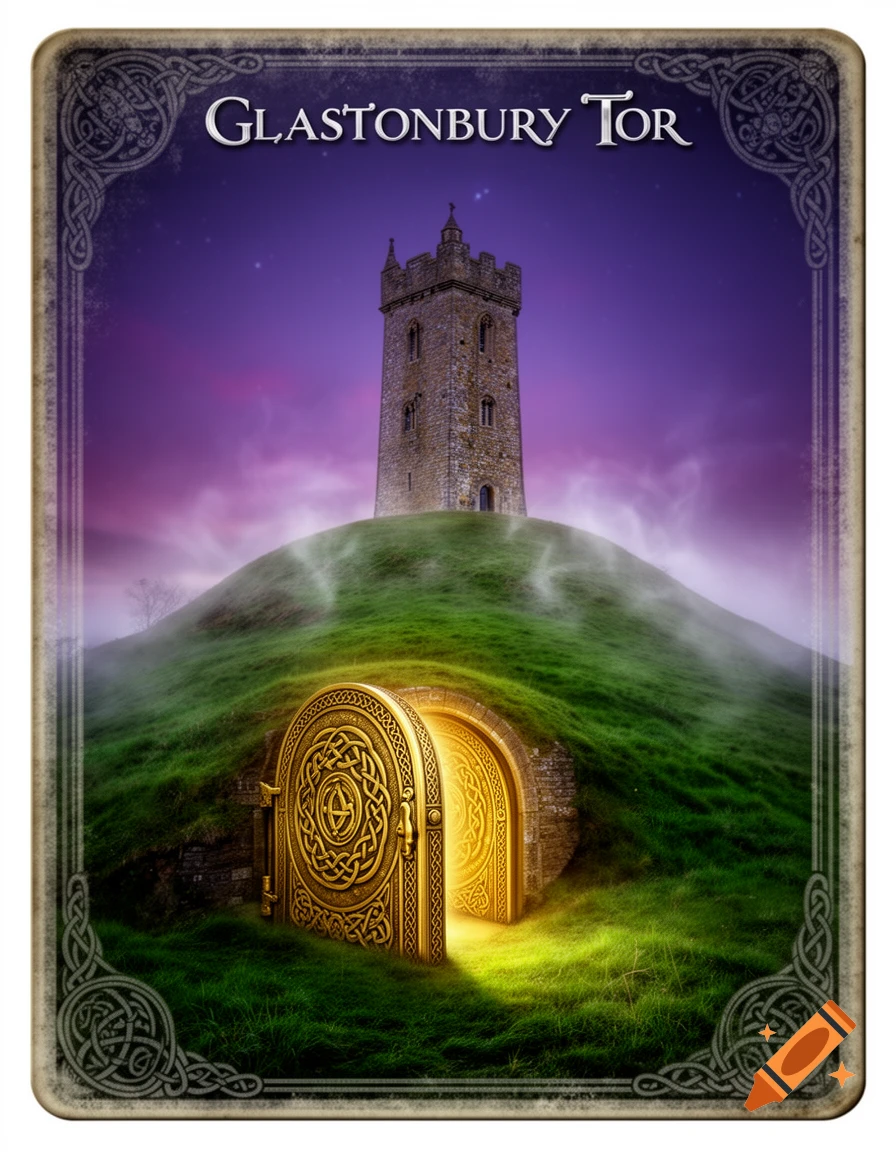 Fantasy art of Glastonbury Tor with a glowing golden portal at its base, under a purple sky, framed like an oracle card.