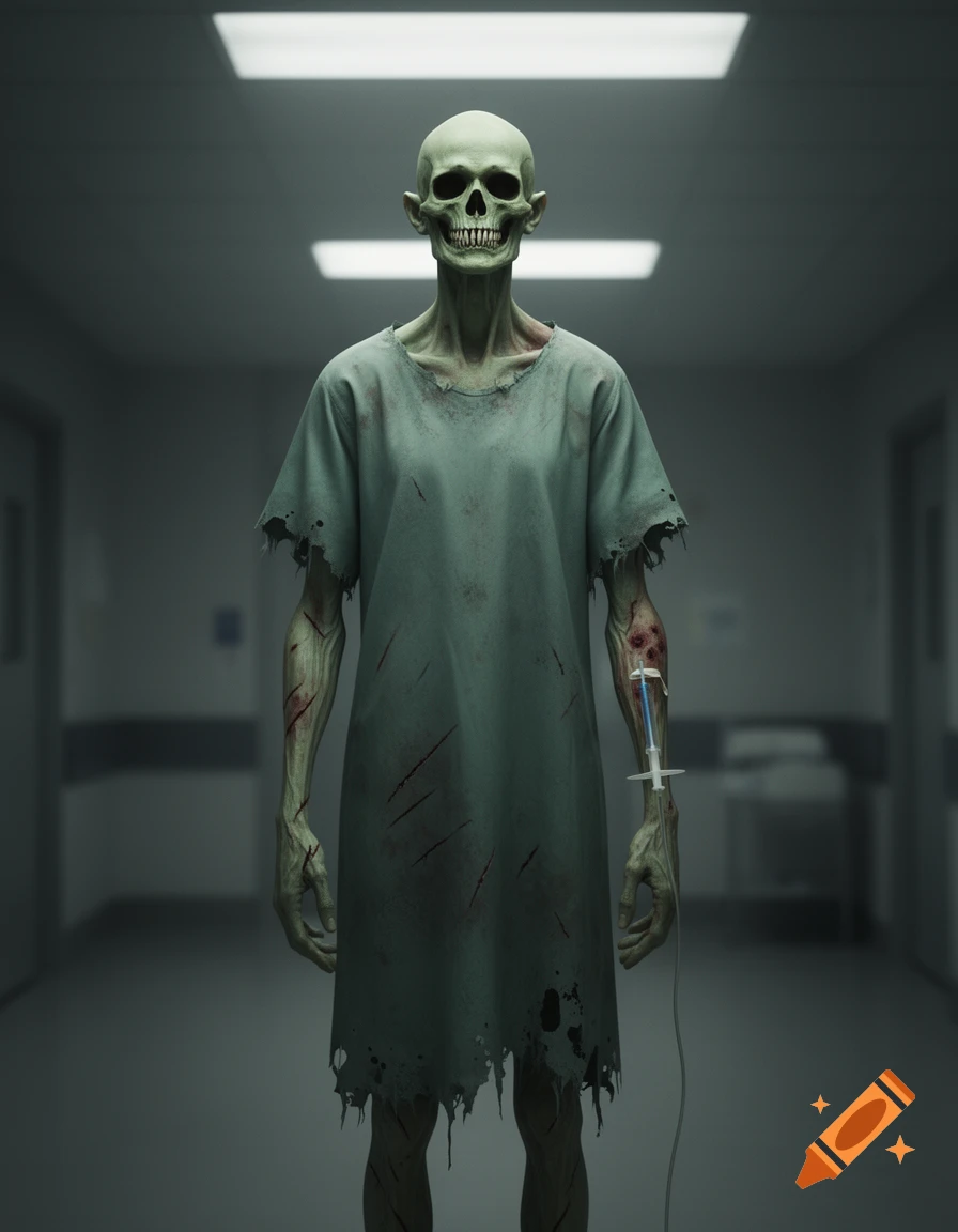 A pale green, skeletal creature with sharp teeth, wearing a tattered hospital gown, with a needle in its arm and cuts, stands in a dark hospital hallway.