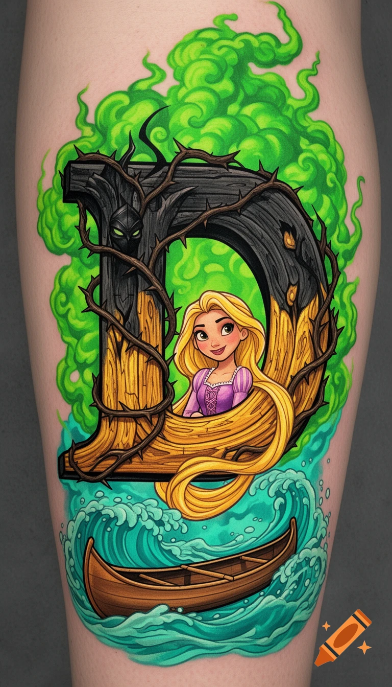 A colorful New School tattoo of a stylized letter 'D' on a calf, featuring Rapunzel within its golden wood curve, dark thorns, green smoke, and a canoe in turquoise waves.