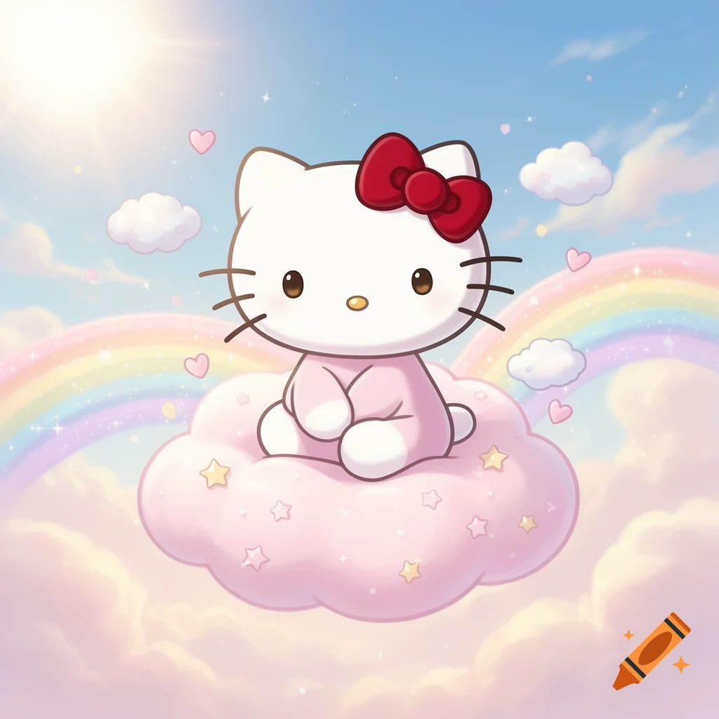Hello Kitty with a red bow sits on a pink cloud, surrounded by rainbows, hearts, and stars in a cute anime style.