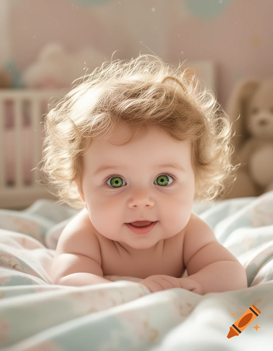 A cute baby with bright green eyes and fluffy wavy blonde hair lies on a patterned blanket, smiling.