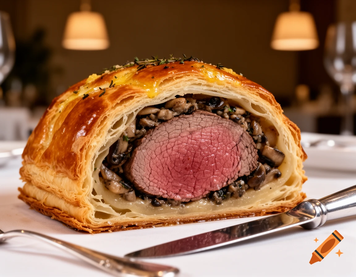 Sliced beef Wellington with rare beef fillet, mushroom duxelles, and golden pastry, on a white plate in a restaurant.
