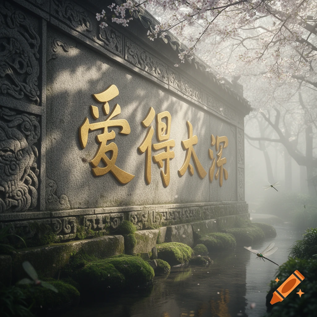 Stone wall with golden Chinese characters '爱得太深' in a misty, mossy garden with a stream, cherry blossoms, and dragonflies.