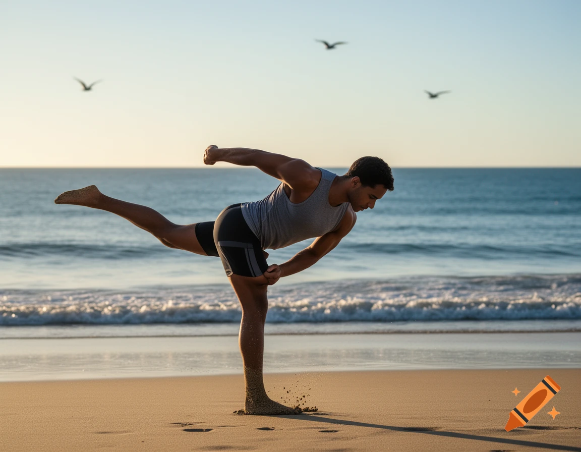 A man in athletic wear balances on one leg on a sandy beach, stretching against a backdrop of ocean waves and a clear sky with birds.