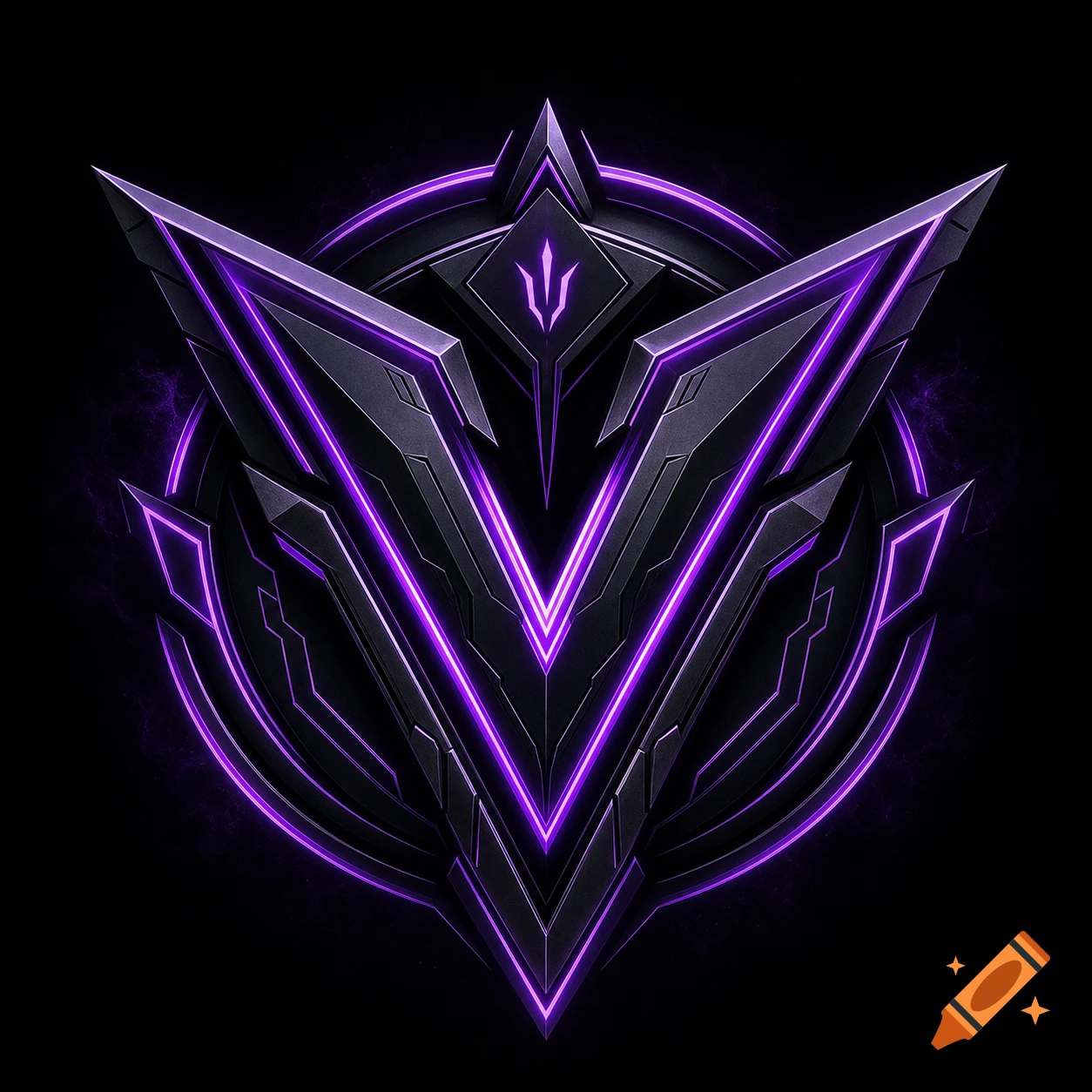 A dark, futuristic esports emblem featuring a prominent neon purple 'V' symbol and sharp geometric shapes on a black background.