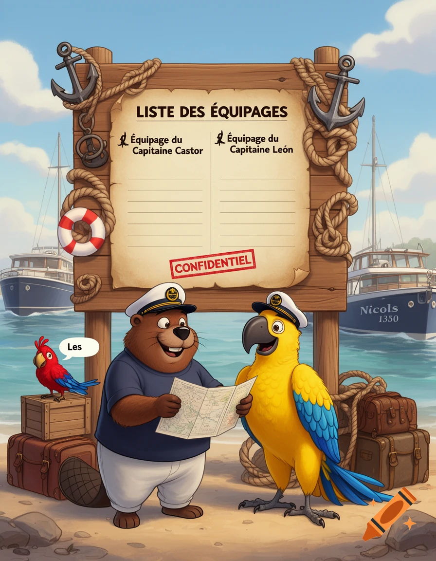 Cartoon beaver and yellow parrot captains on a beach look at a map in front of a sign. Red parrot watches. Boats in background.