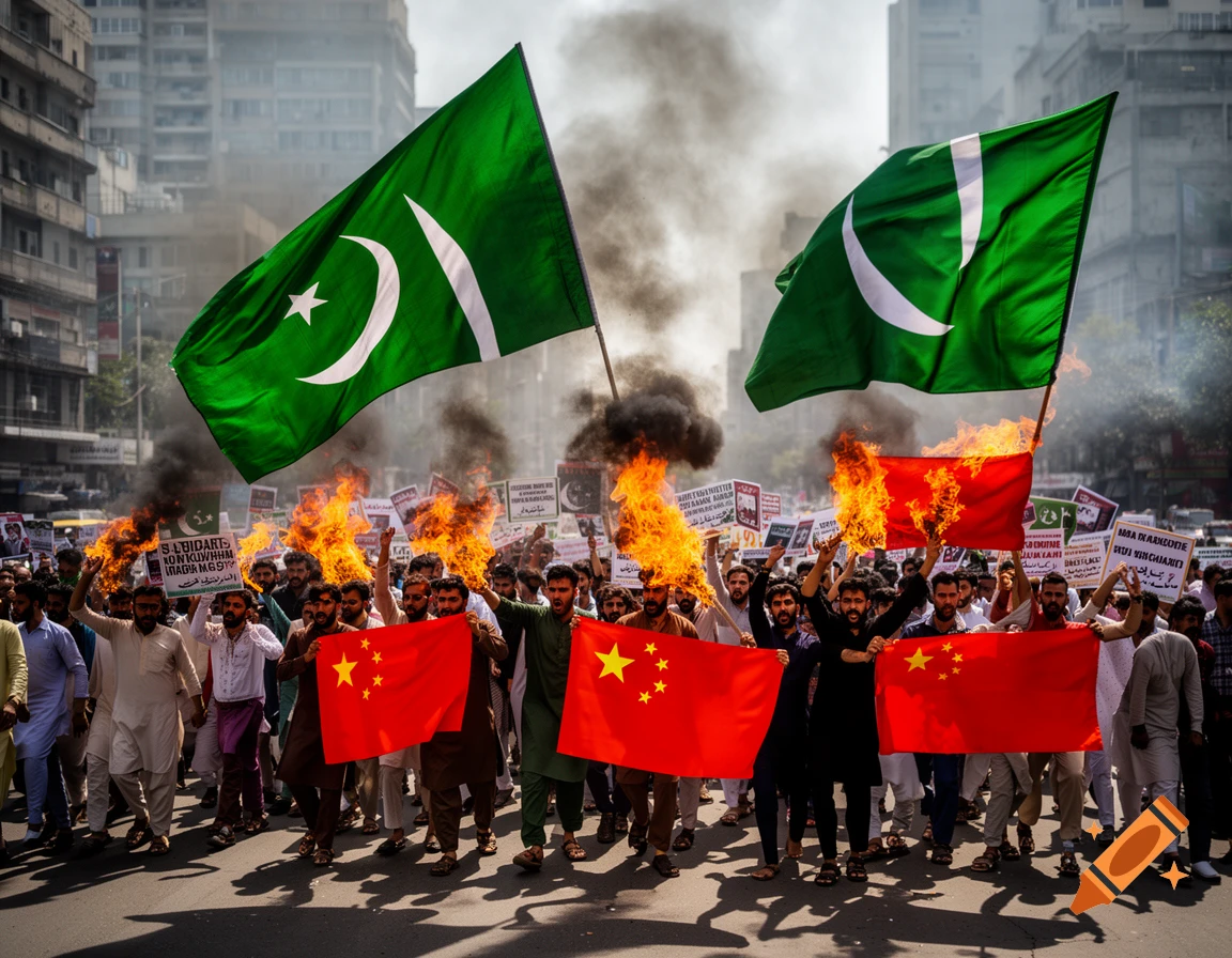 Photorealistic image of Pakistani protestors waving large Pakistani flags and burning smaller Chinese flags in a crowded street, with smoke and fire billowing. Buildings line the background.