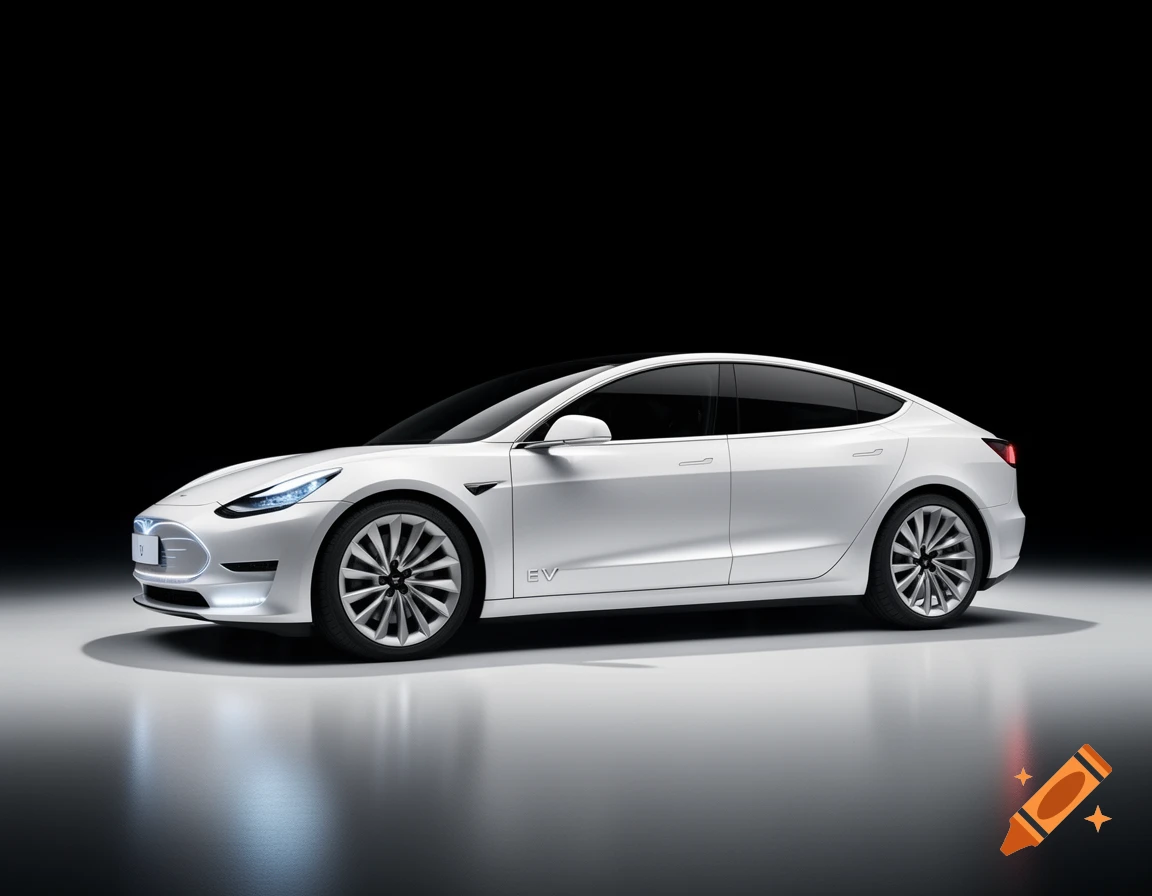 A white electric car with 'EV' on its side, parked on a reflective surface against a dark studio background.