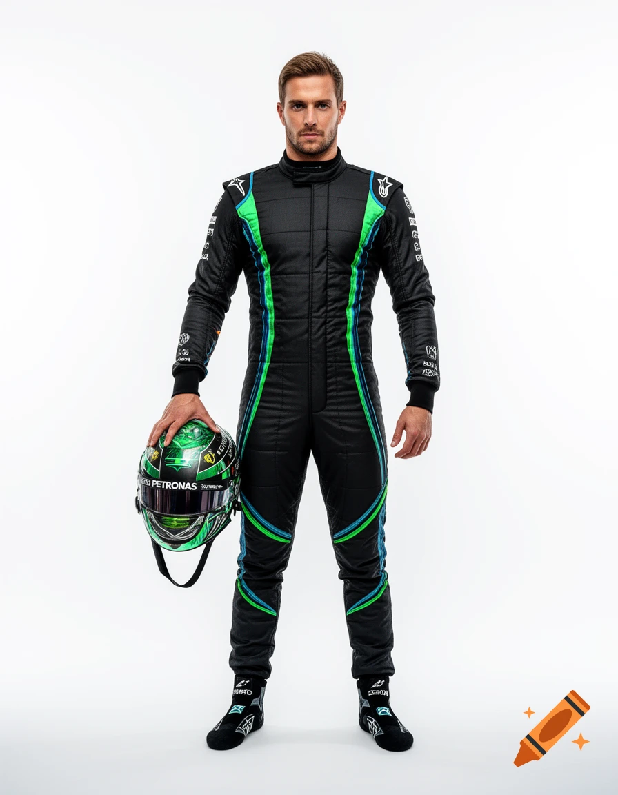 A photorealistic full-body shot of a male F1 racer in a black suit with green and blue stripes, holding a green helmet.