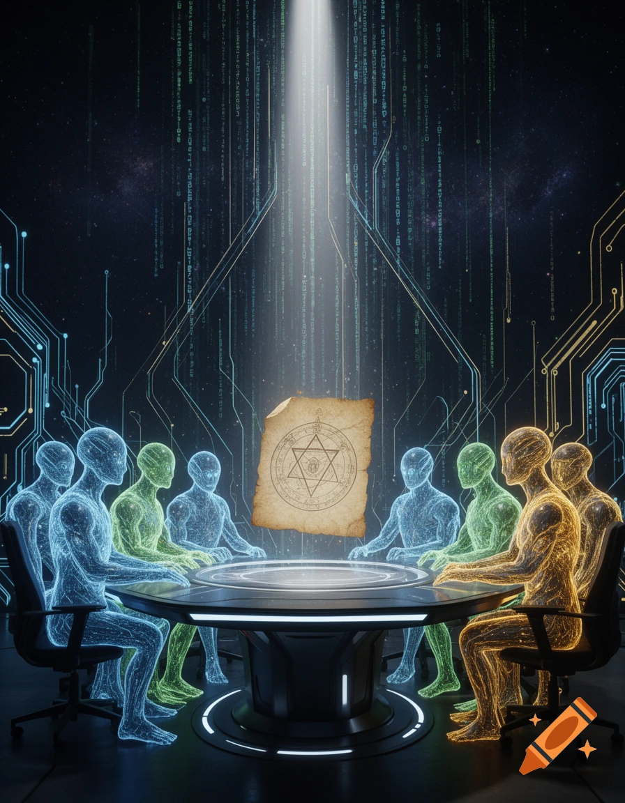 Glowing humanoid digital entities at a high-tech table, debating around a mystical parchment, against a cosmic background with neon circuits and data streams.