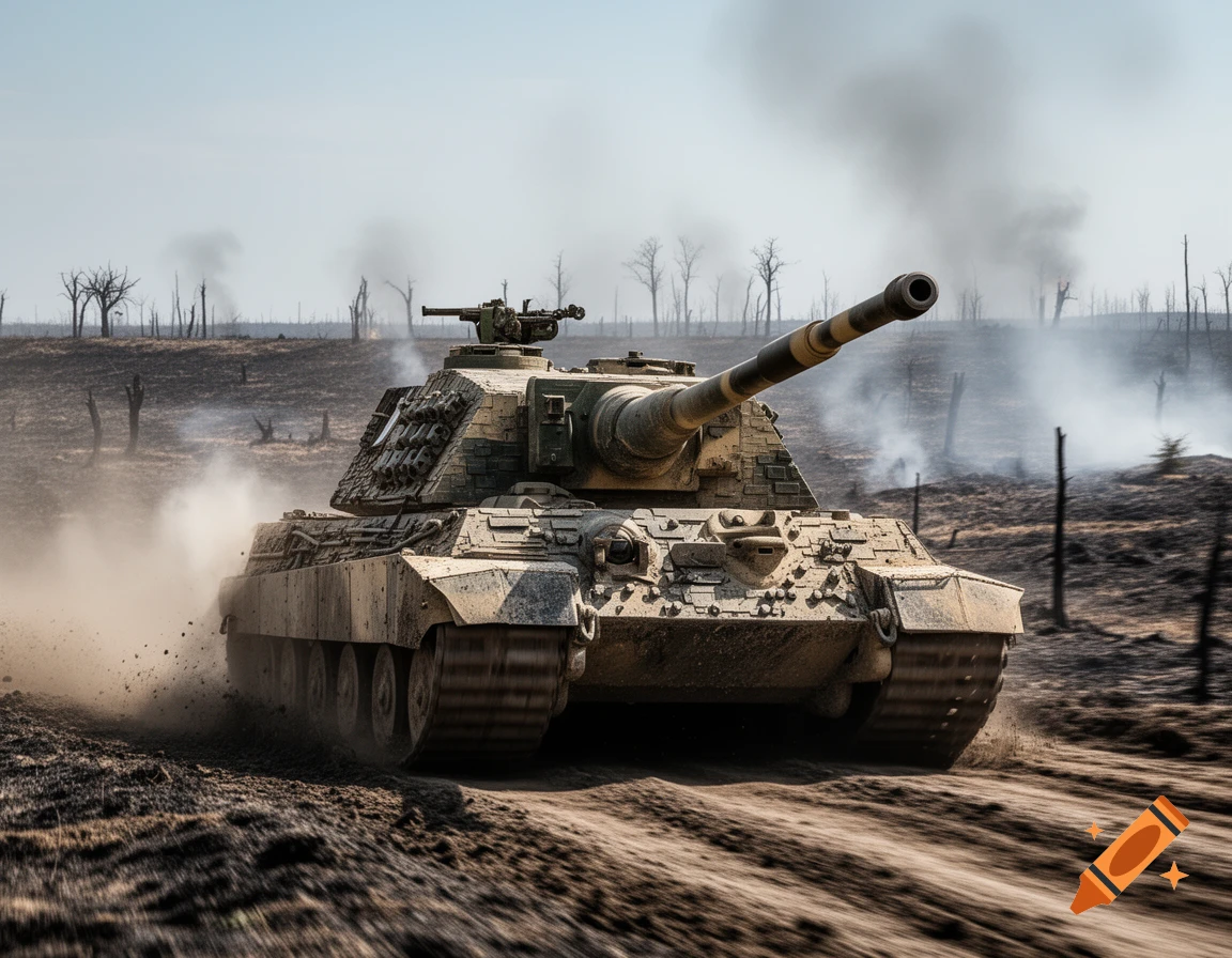 A heavy military tank drives through a war-torn, smoky, barren landscape, kicking up dust in a photorealistic style.