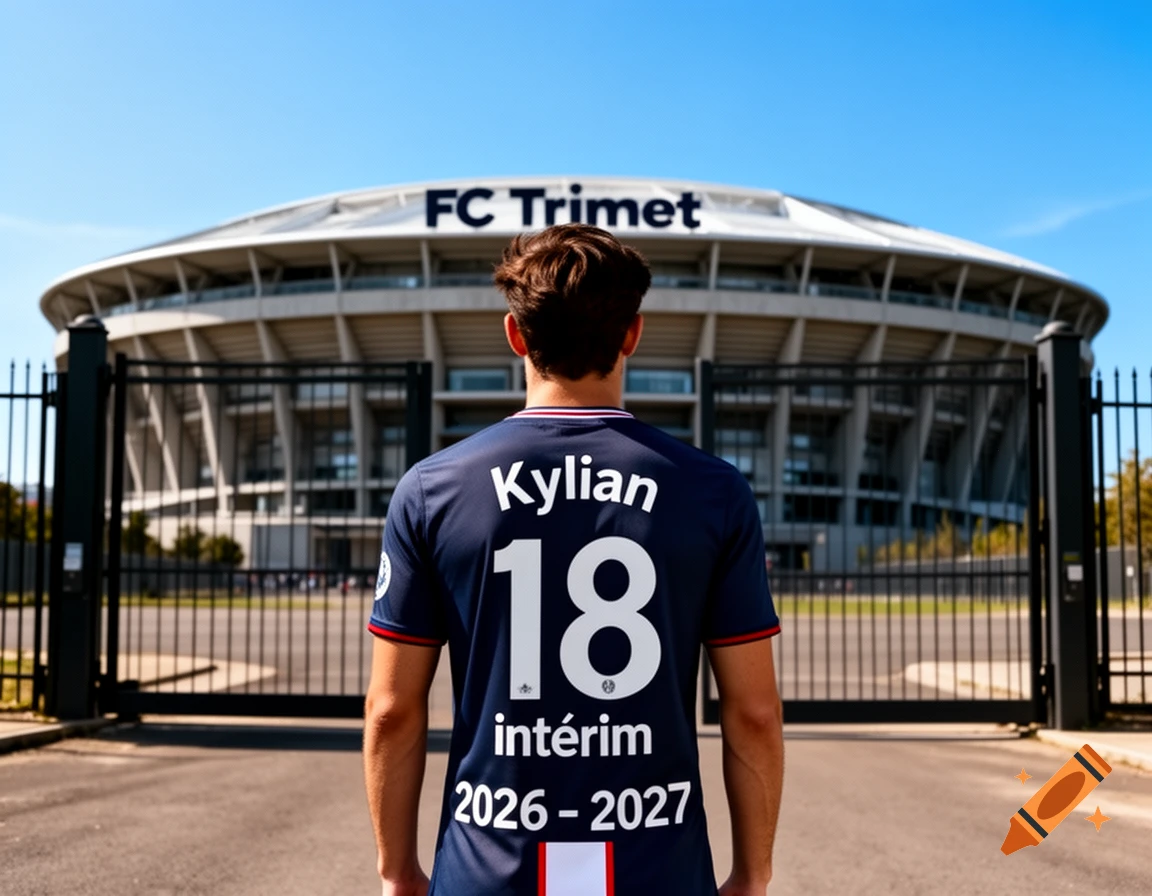 Man in a navy blue football jersey with "Kylian 18 intérim 2026-2027" on the back, standing in front of FC Trimet stadium.
