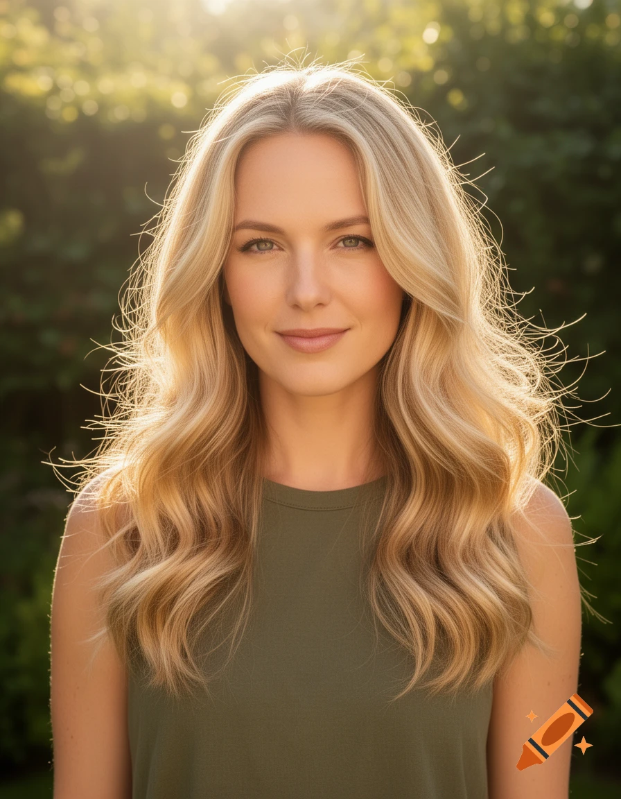 Photorealistic portrait of a blonde woman with long wavy hair, backlit by sunlight against a green background.