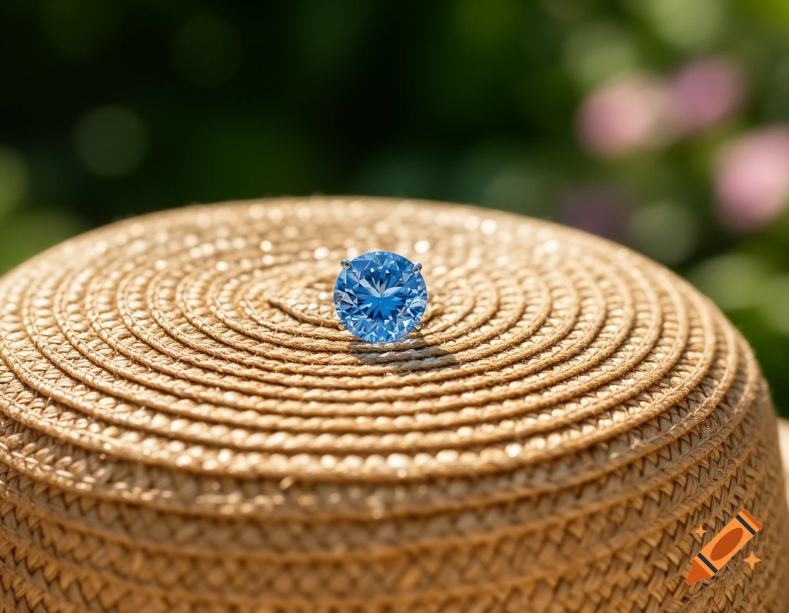 Photorealistic macro shot of a vibrant blue diamond sparkling on a textured straw hat outdoors in summer.