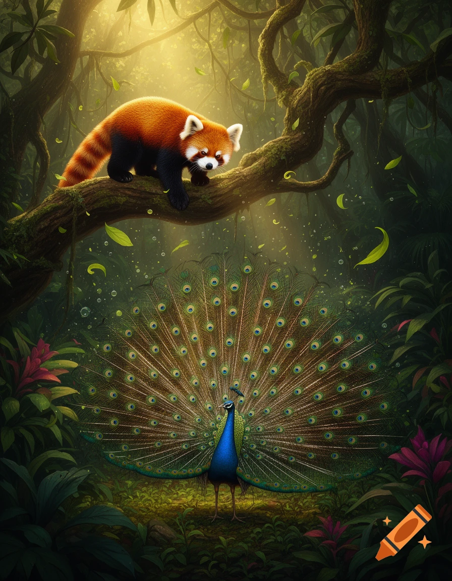 A red panda on a jungle branch looks down at a peacock with fanned tail feathers, in a detailed art style.