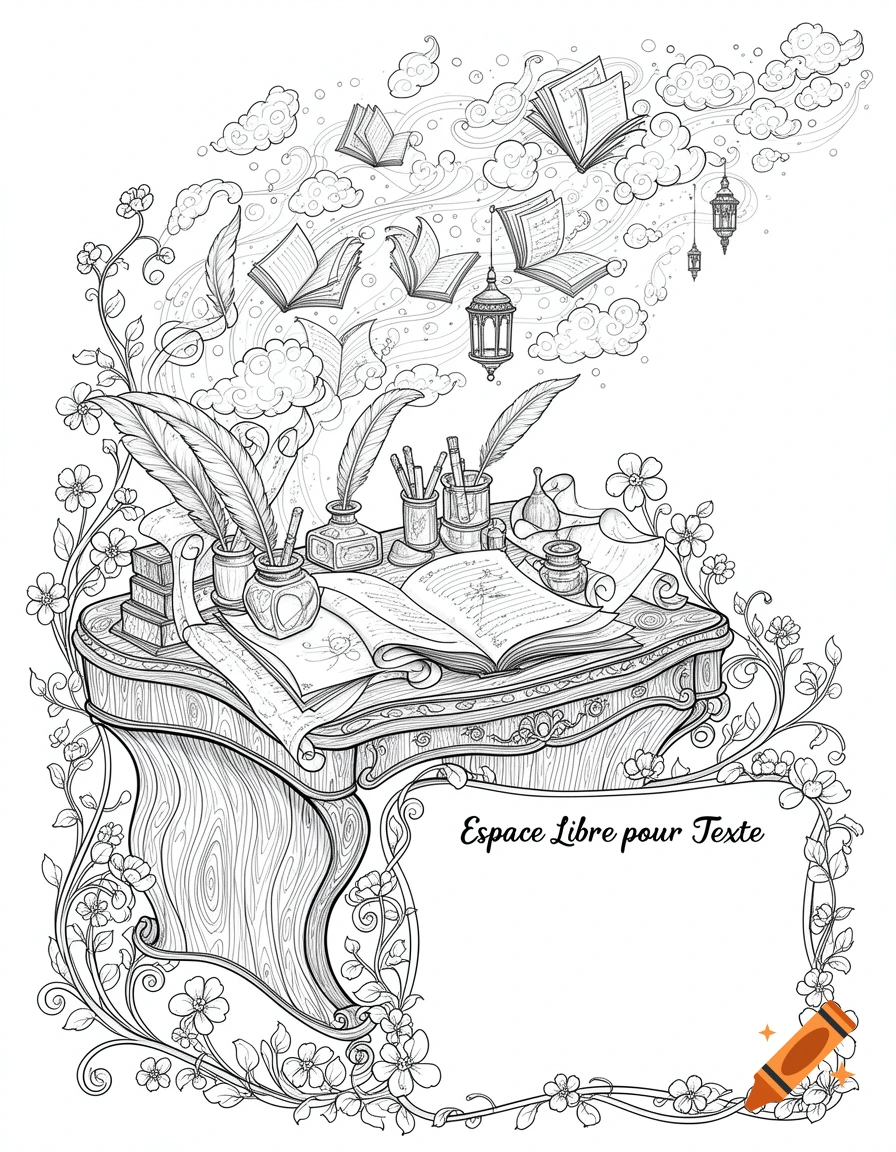 Black and white coloring page with a vintage writing desk, quill pens, books flying into clouds, and a floral border surrounding a blank text space.