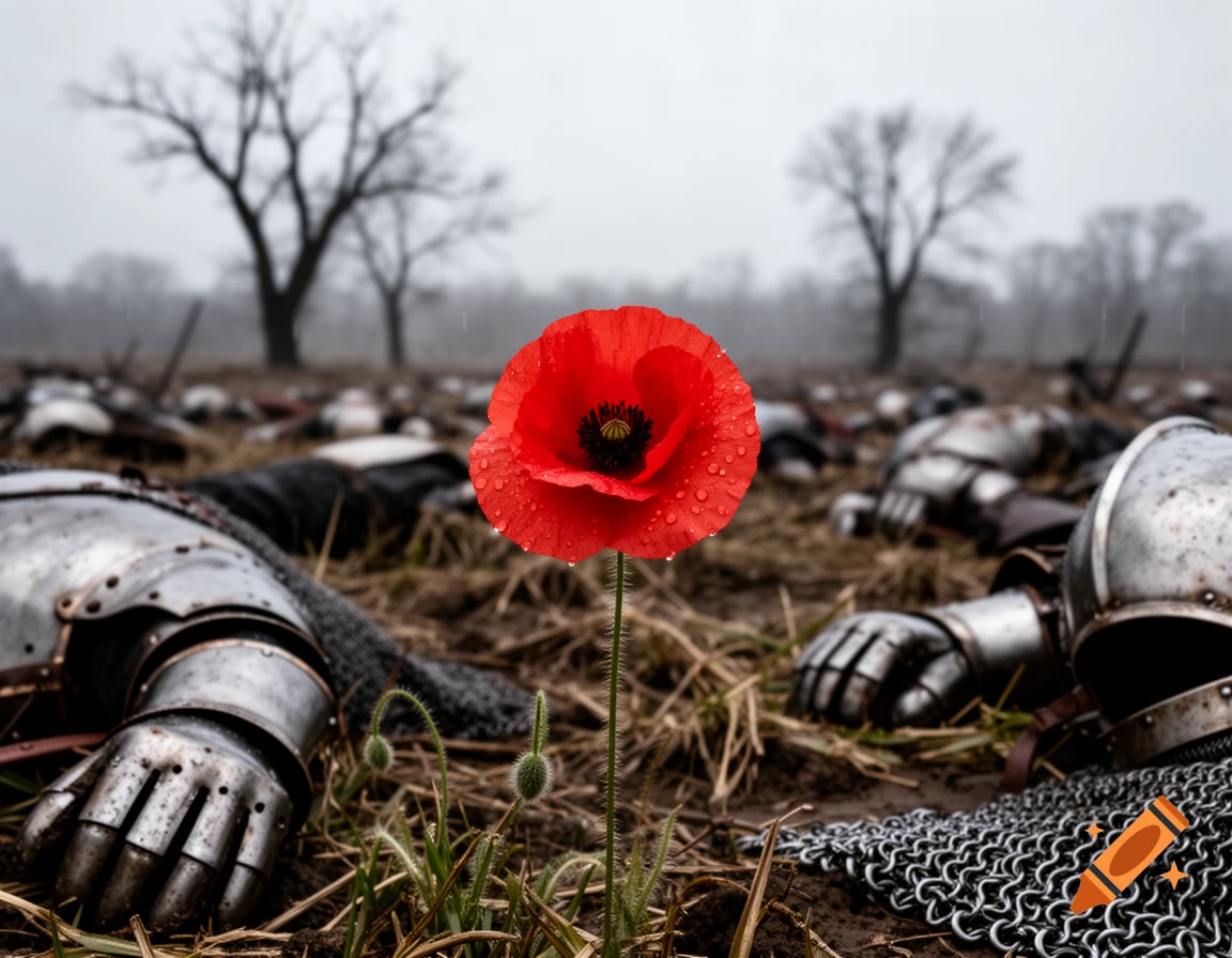 A close-up of a red poppy with dewdrops in a desolate field littered with fallen knights in armor, photorealistic.