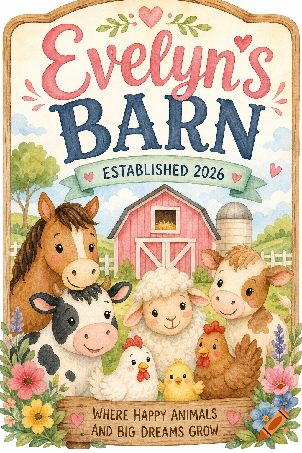 Watercolor sign 'Evelyn's Barn established 2026' surrounded by cute farm animals including cows, a horse, sheep, chickens, and chicks.