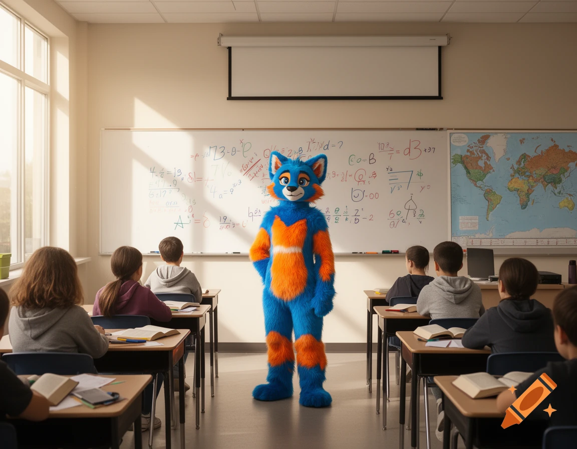 A person in a blue and orange fursuit stands in front of a whiteboard covered in math equations in a classroom filled with seated students.