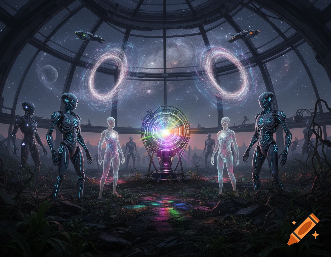 A group of alien robots and transparent humanoids in a futuristic dome under a starry sky, observing glowing portals and a colorful circular device.