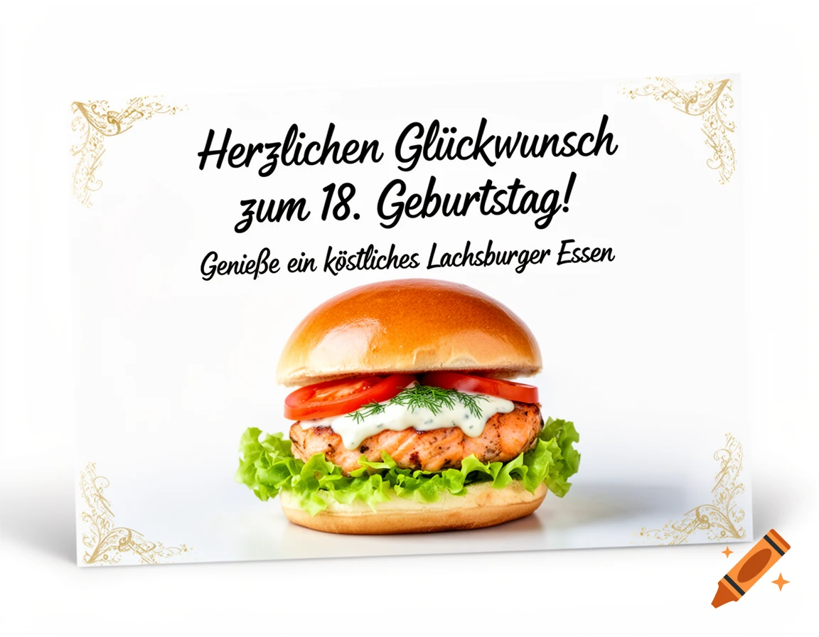 A white birthday voucher with gold accents, showing German text for 'Happy 18th Birthday! Enjoy a delicious salmon burger meal' above a salmon burger.