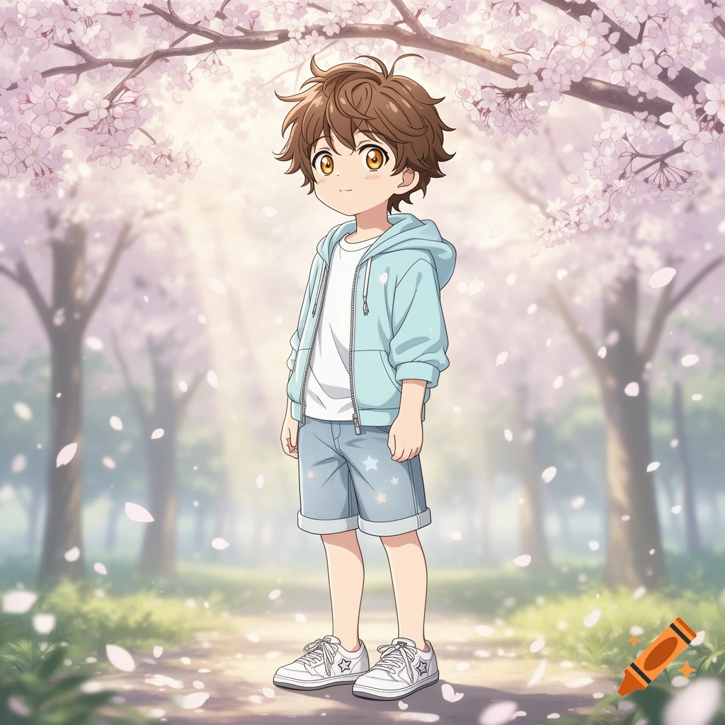 A cute anime boy with brown hair and large amber eyes stands in a park with falling pink cherry blossoms.