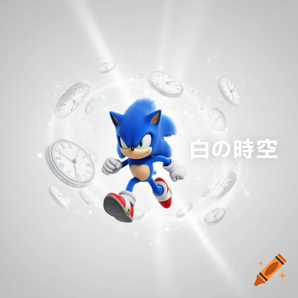 Sonic the Hedgehog runs through a white ethereal space with floating clocks and Japanese text.