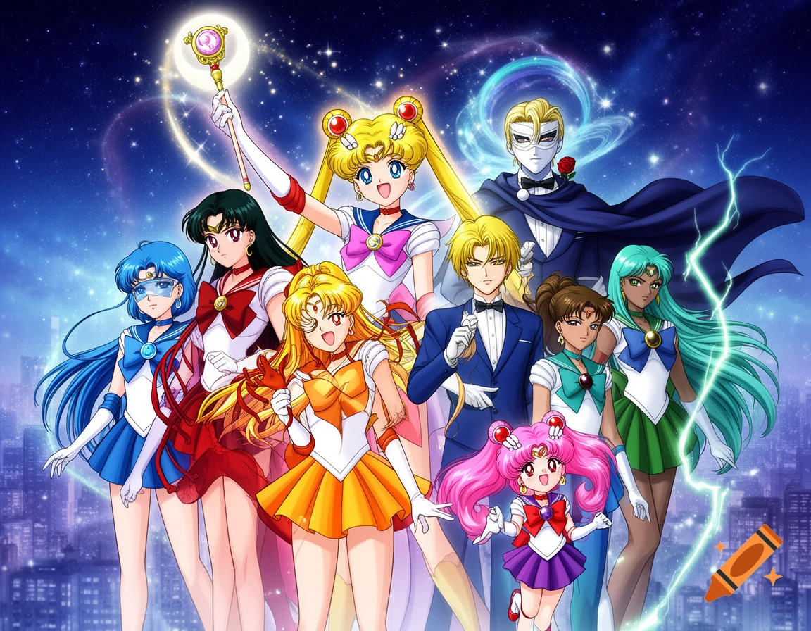 A group of diverse Sailor Moon characters in their outfits pose against a starry night sky with a city skyline below.