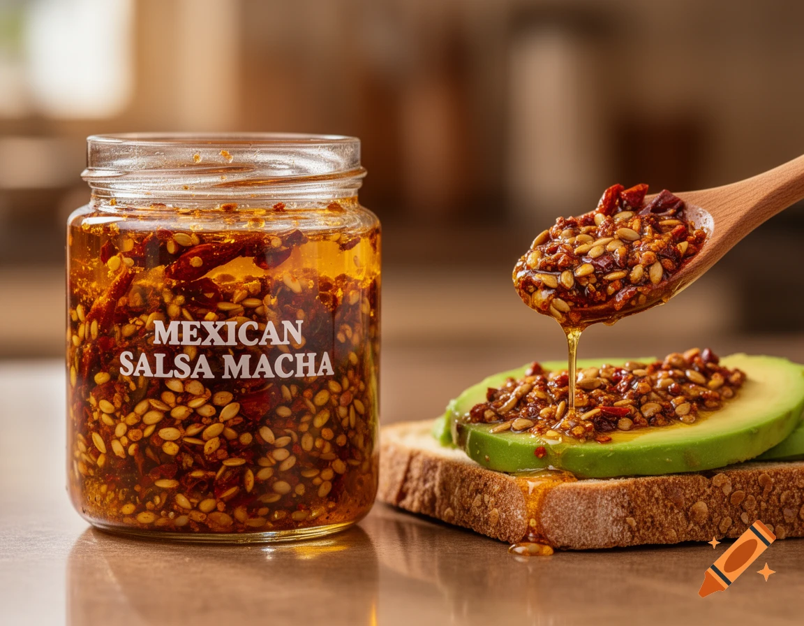 A photorealistic close-up of a jar of Mexican Salsa Macha next to avocado toast, with a spoonful dripping oil onto it.