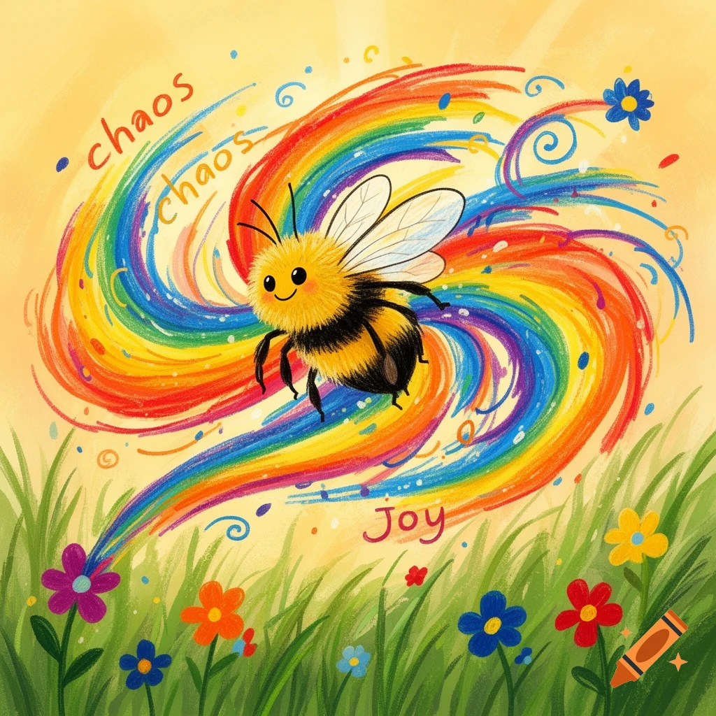 A fluffy, smiling bumblebee flies amidst a swirling rainbow above a grassy field with colorful flowers, in a child-like illustration.