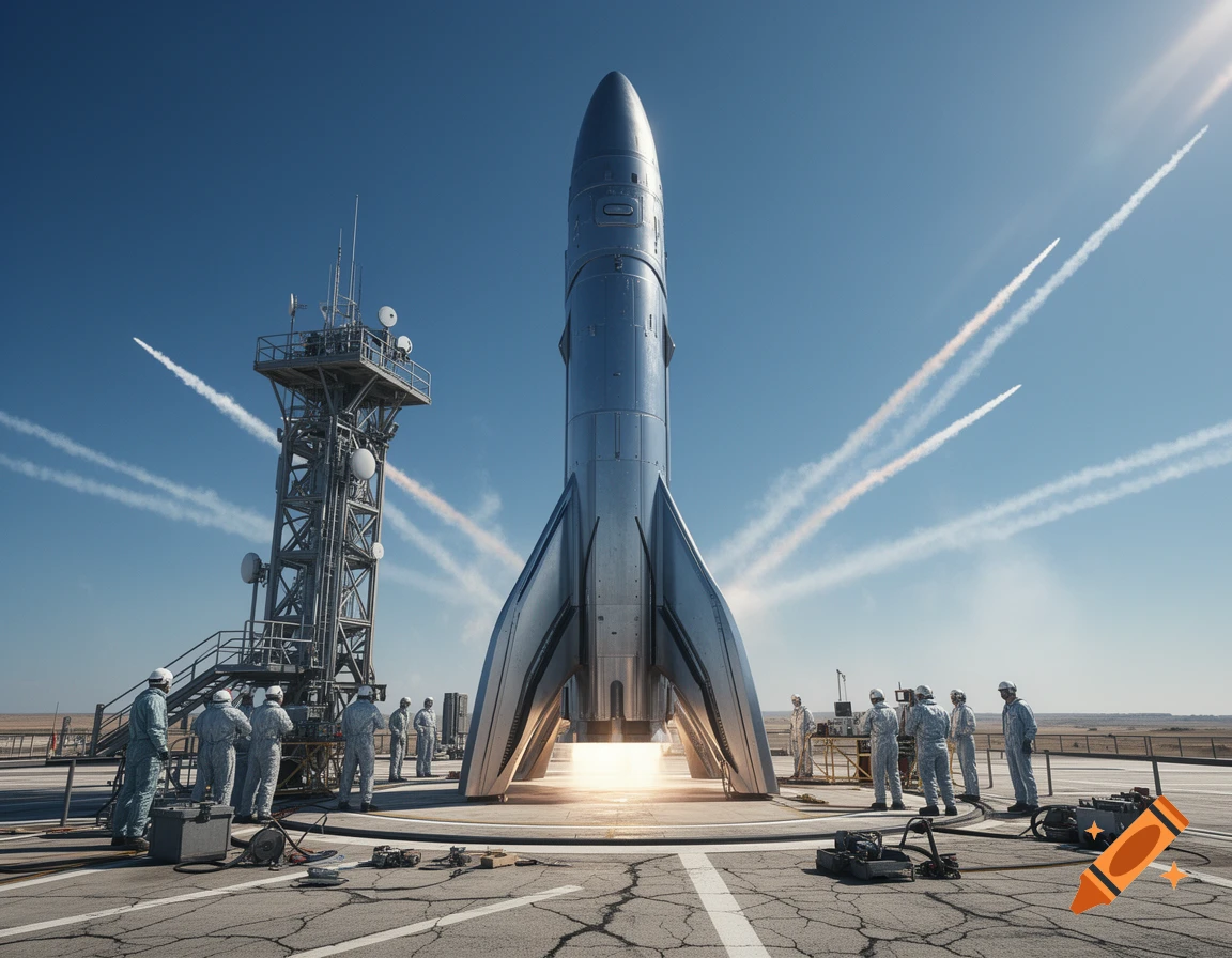 A large silver rocket stands on a launchpad with personnel and a communications tower under a blue sky with contrails.