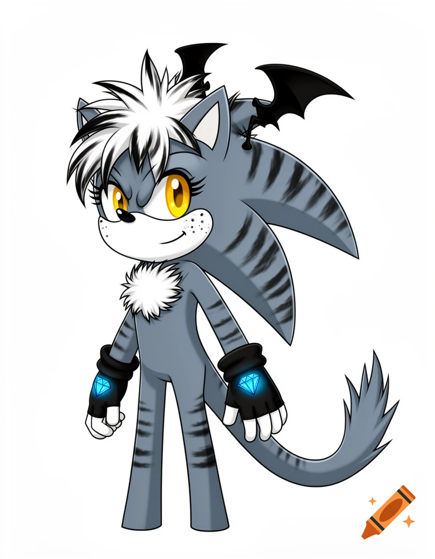 A Sonic the Hedgehog style anthropomorphic character with slate-blue striped fur, white spiky bangs, yellow eyes, small bat wings, and black gloves with glowing blue diamonds.