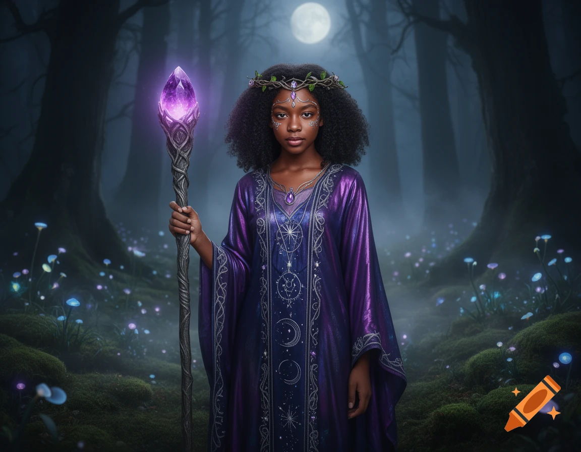 A teenage Black female sorceress stands in a dark, mystical forest with glowing plants under a full moon, holding a luminous purple staff.