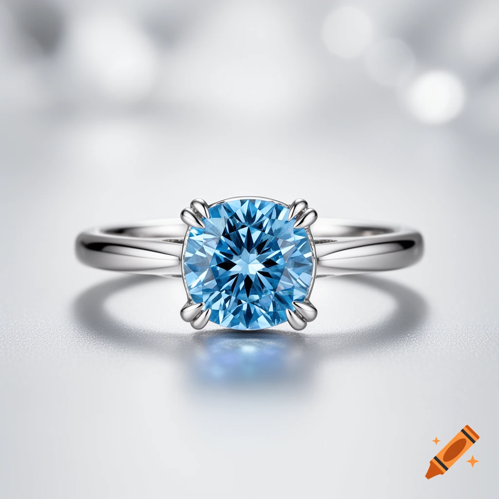 A photorealistic close-up of a silver ring with a bright blue round cut stone set in four prongs.