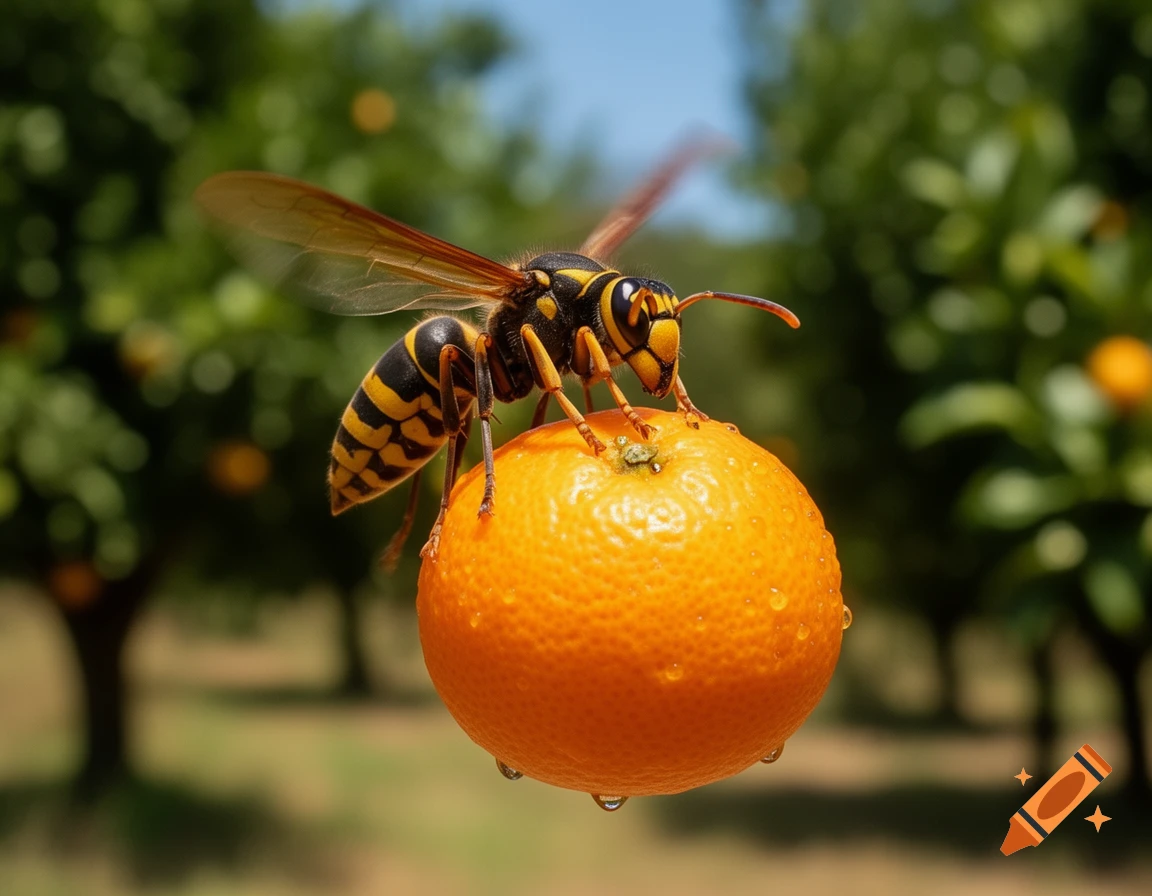 Photorealistic close-up of a yellow and black wasp perched on a dew-covered mandarin orange in an orchard.