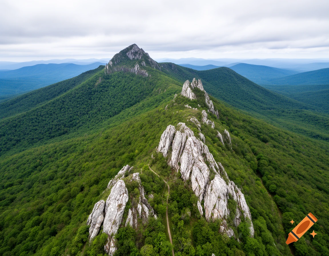 An aerial view of a rugged, tree-covered mountain range with prominent white rock formations and a winding trail under a cloudy sky.
