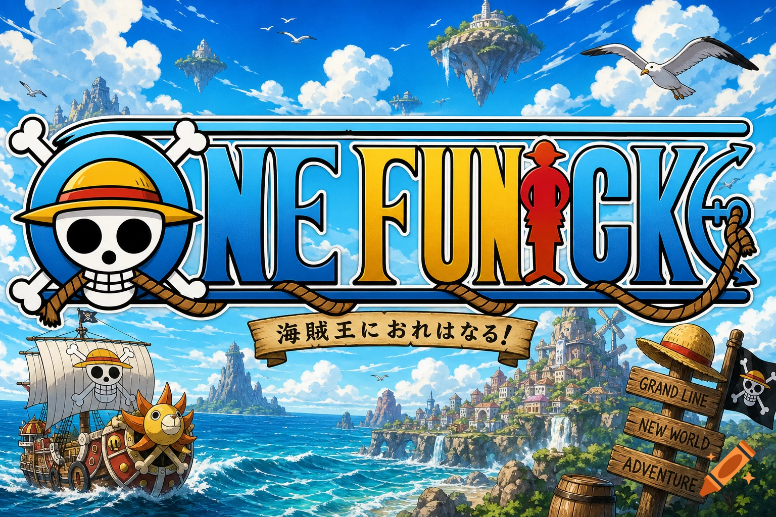 A vibrant anime-style landscape featuring a pirate ship, floating islands, a city by the sea, and a prominent "ONE FUNCK" logo.