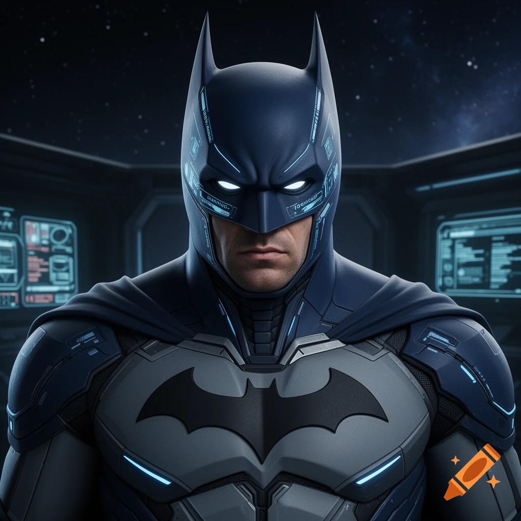 Profile picture of Batman in a navy blue and gray futuristic suit with glowing accents, set in a dark, tech-filled interior.