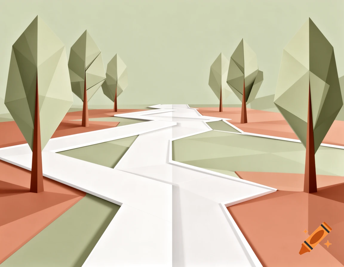 Geometric landscape with a winding white path and stylized green trees on rust and pale green ground.