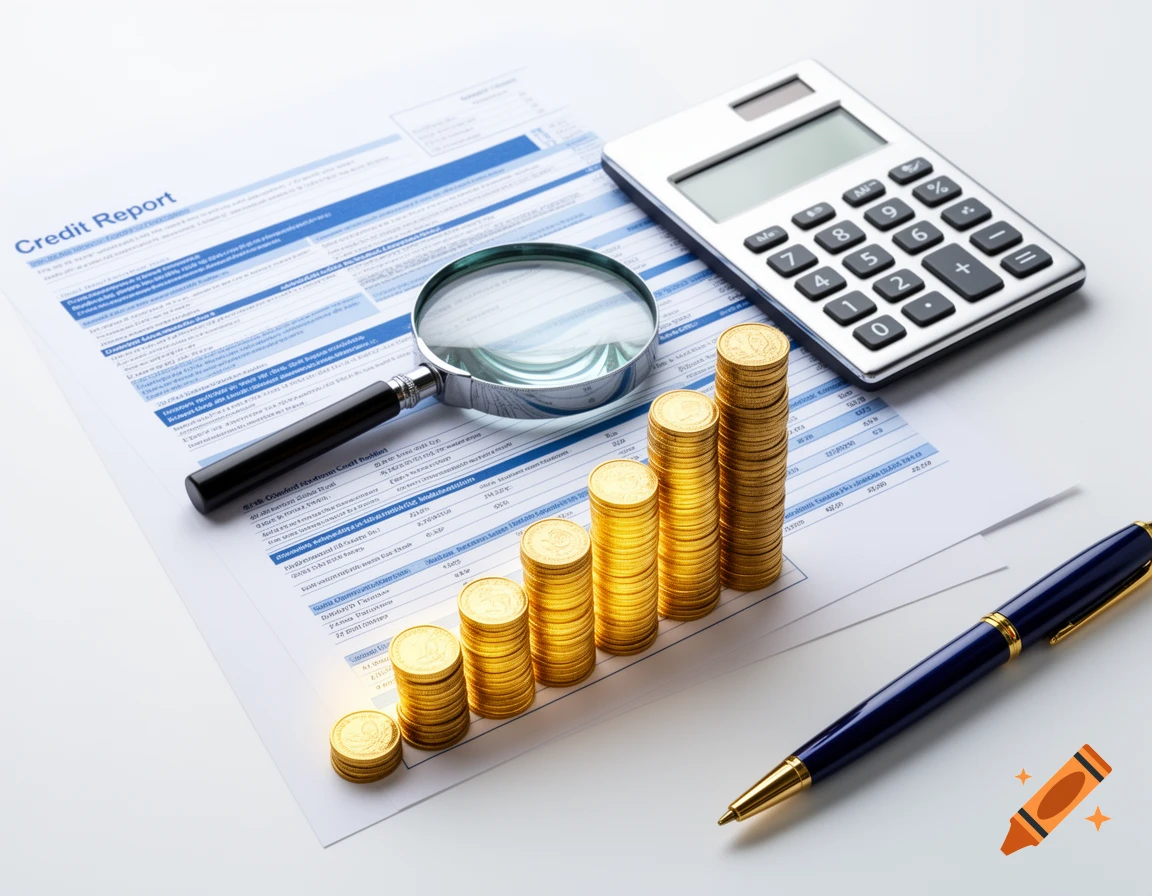 Professional flat lay of a credit report, magnifying glass, calculator, stacks of gold coins, and a blue pen on a white desk.