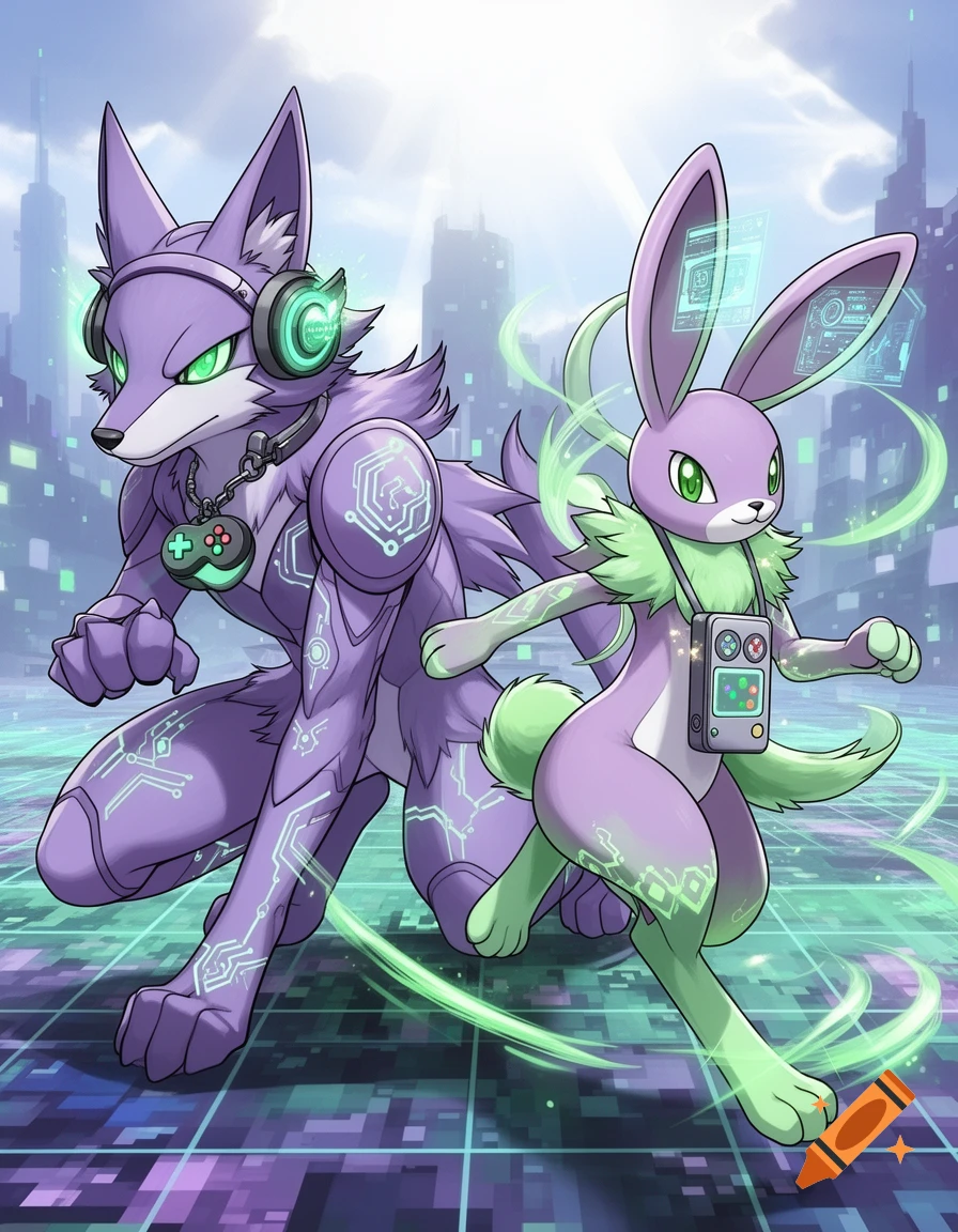 Two purple and green anime-style anthropomorphic creatures, a wolf and a rabbit, with glowing gaming tech in a digital cityscape.