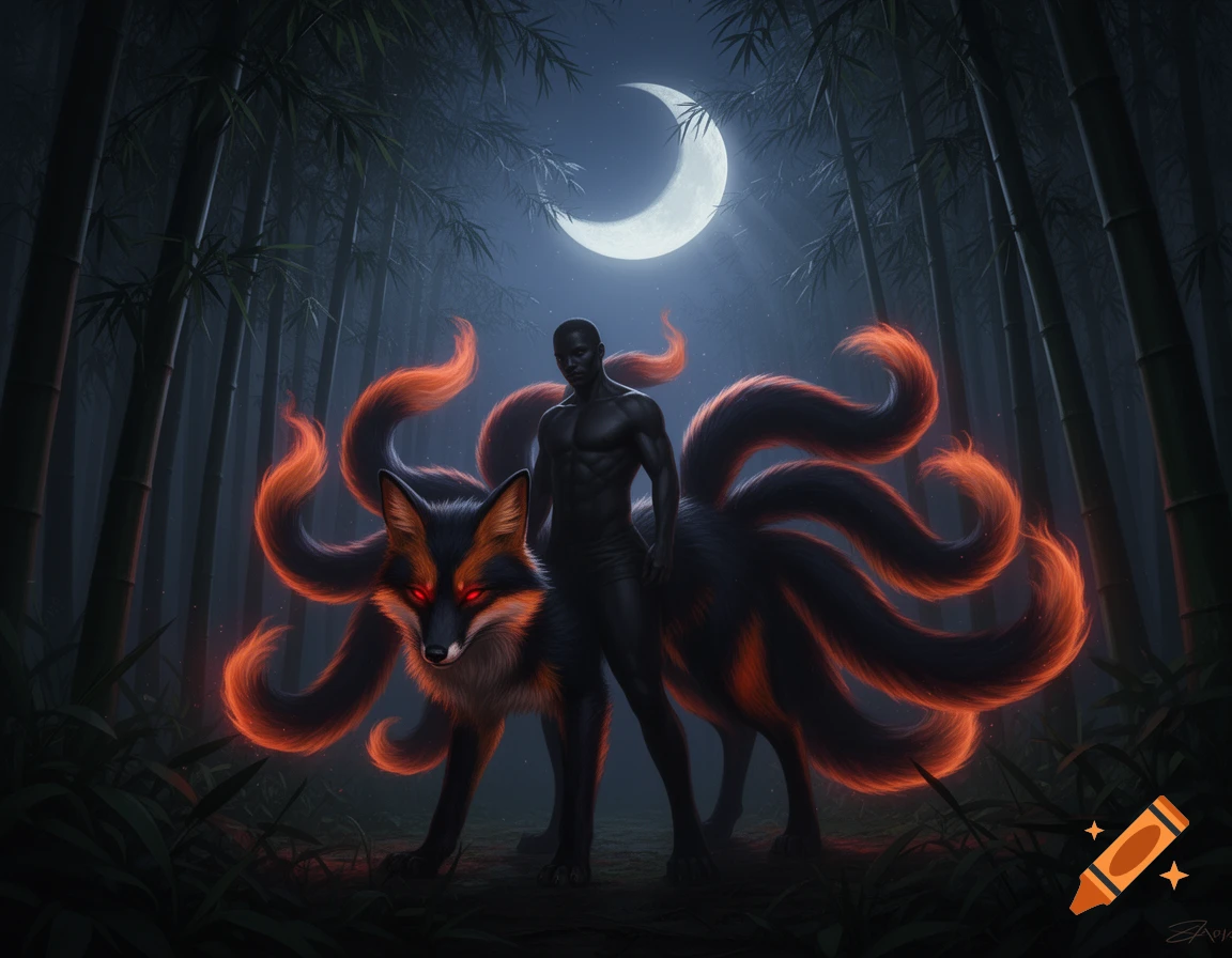 A dark-skinned male stands beside a black and orange nine-tailed fox with glowing red eyes in a moonlit bamboo forest, digital art.