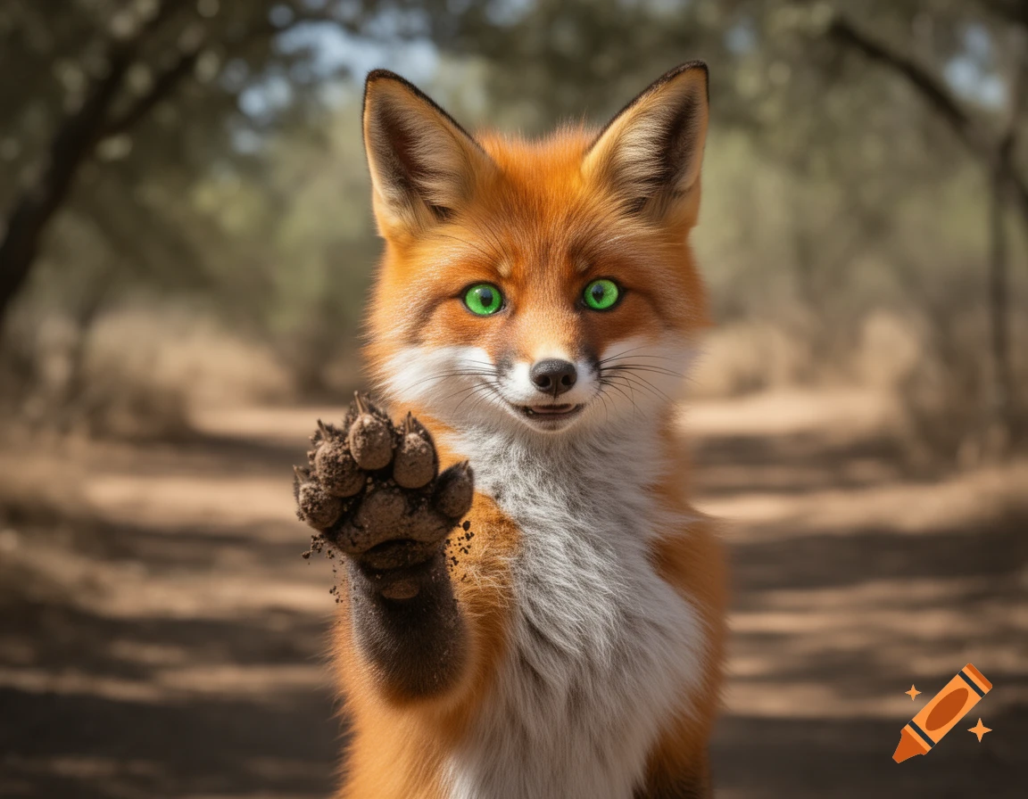 A photorealistic red fox with bright green eyes lifts a muddy paw towards the viewer on a blurred forest path.