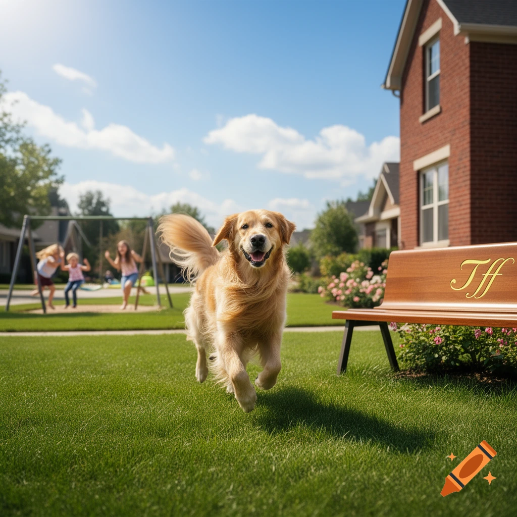 A happy golden retriever runs across a sunny green lawn. Children play on a swing set, and a brick house stands in the background.