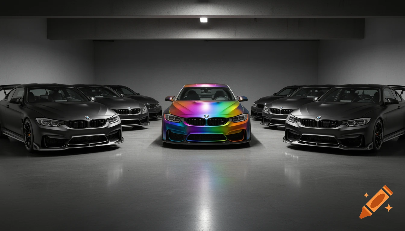 A group of BMW M4 Competition cars in a garage, with one central car in rainbow colors and the others in matte black.