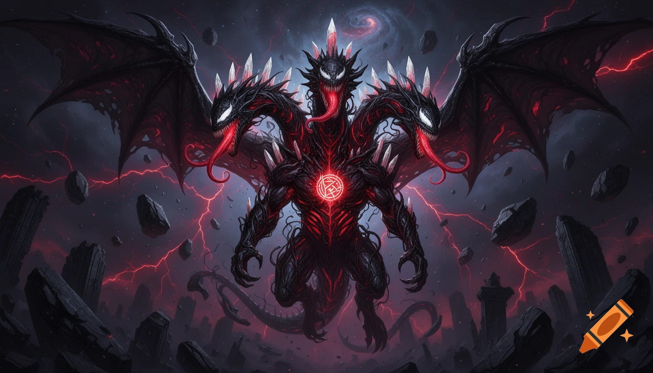 A terrifying, multi-headed Venom-symbiote dragon-like entity with red glowing eyes and a chest rune, flying amidst shattered cosmic ruins and red lightning in a dark fantasy style.